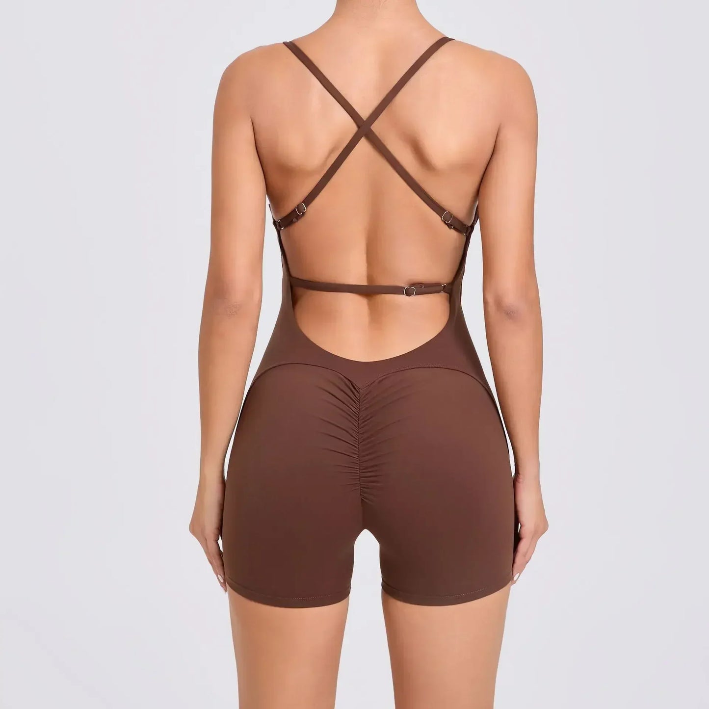 Cralom Women's Gym Fitness Jumpsuit Open Back Shorts Yoga Set