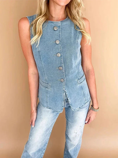 Cralom Sleeveless Denim Waistcoat with Pocket - 2025 Spring Collection