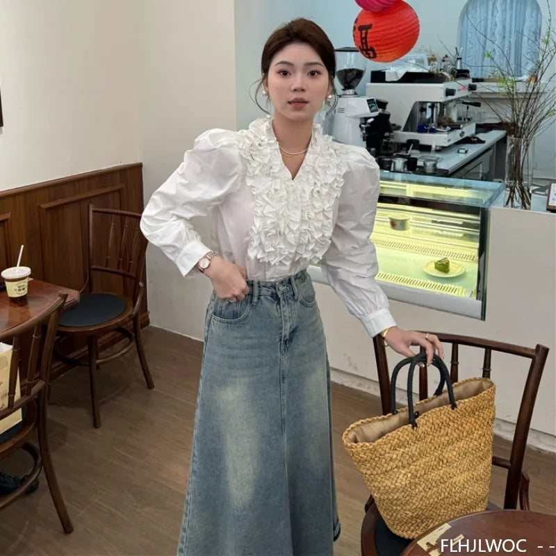 Cralom 2024 Autumn Chic White Button Blouse Solid Korea Fashion Tops.