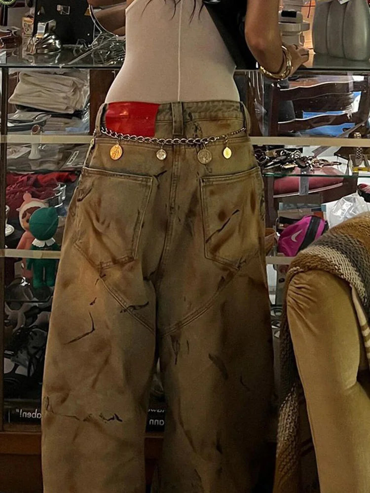Cralom Vintage Tie Dye Wide Leg Denim Pants for Women