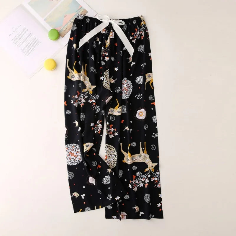 Cralom Floral Cotton Silk Pajama Pants Women's Loose Wide-leg Trousers
