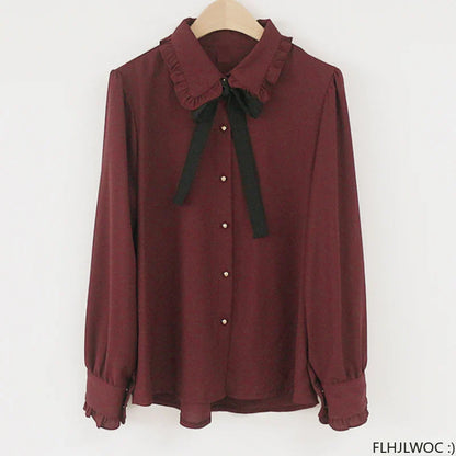 Cute Lace-Up Bow Tie Blouse by Cralom for Work & Office