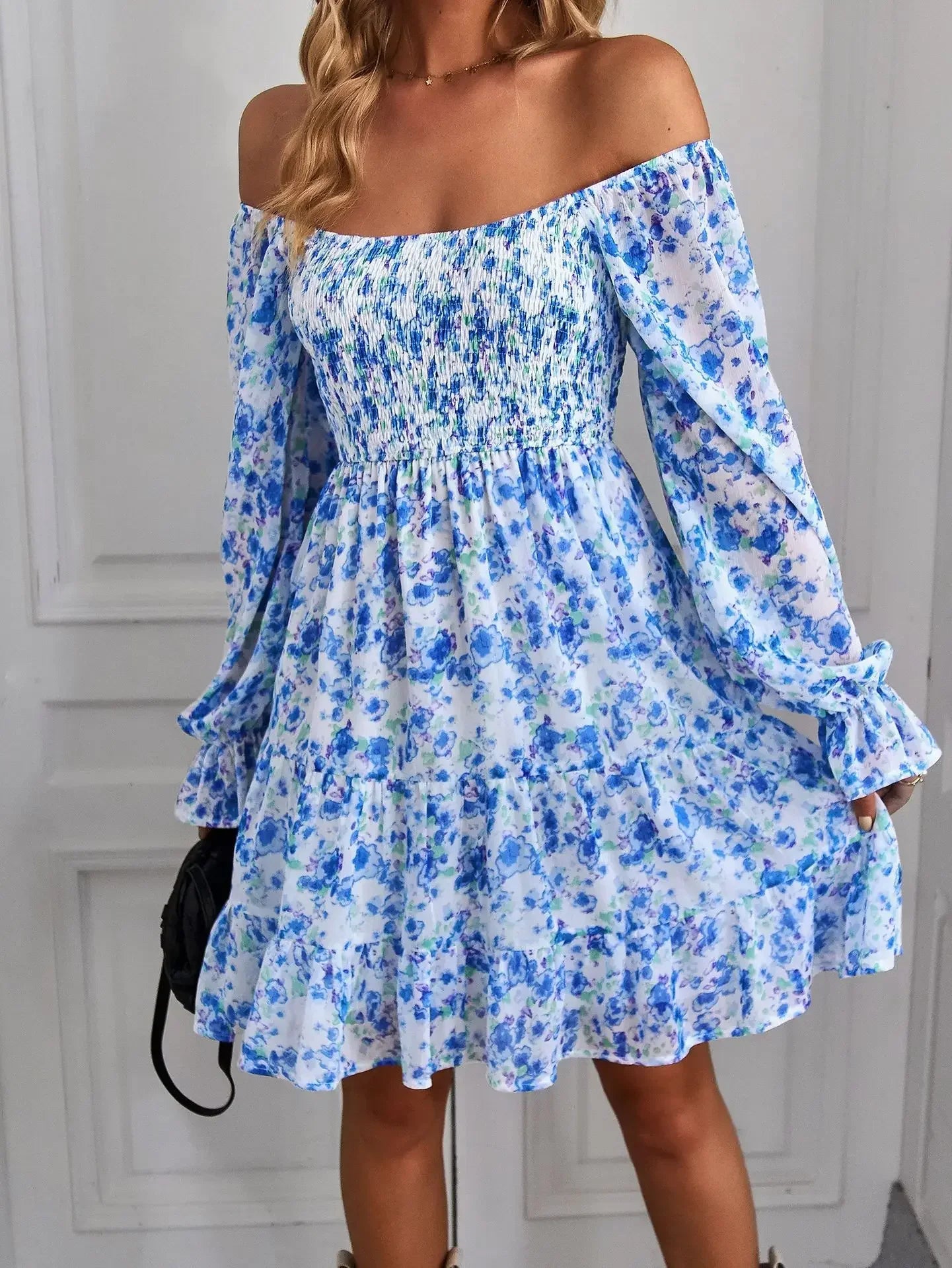 Cralom Floral Square Neck Long Sleeve Dress for Spring/Summer 2024