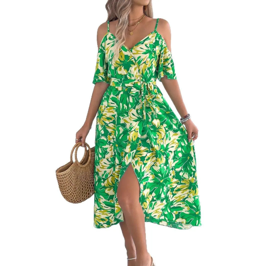 Cralom Floral Suspender Off Shoulder Vacation Dress
