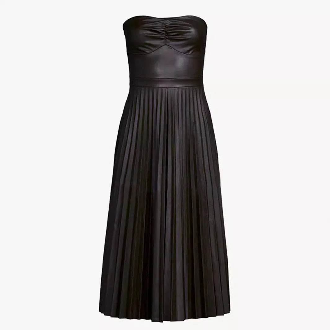 Cralom Shoulder Less Chest Hug Dress, Pleated Elastic Waist Cinched Sexy Summer Dress