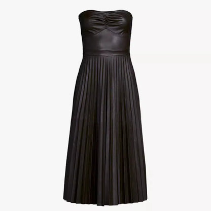 Cralom Shoulder Less Chest Hug Dress, Pleated Elastic Waist Cinched Sexy Summer Dress