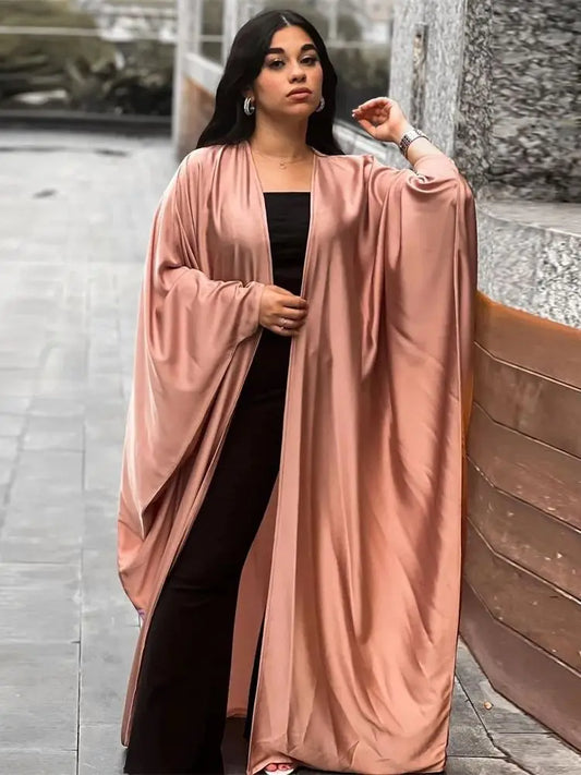 Cralom Ramadan Satin Kebaya Kimono Abaya Muslim Dress African Kaftan Robe
