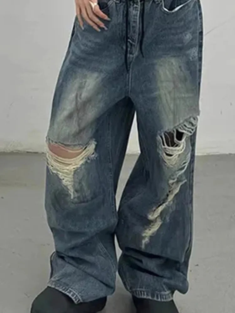 Cralom Distressed Washed Wide Leg Jeans - Y2K Streetwear High Waist