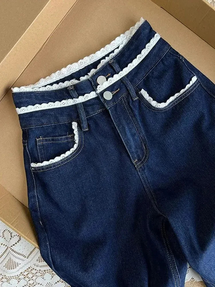 Cralom Vintage Blue Lace Spliced Straight Jeans Wide Leg Pants