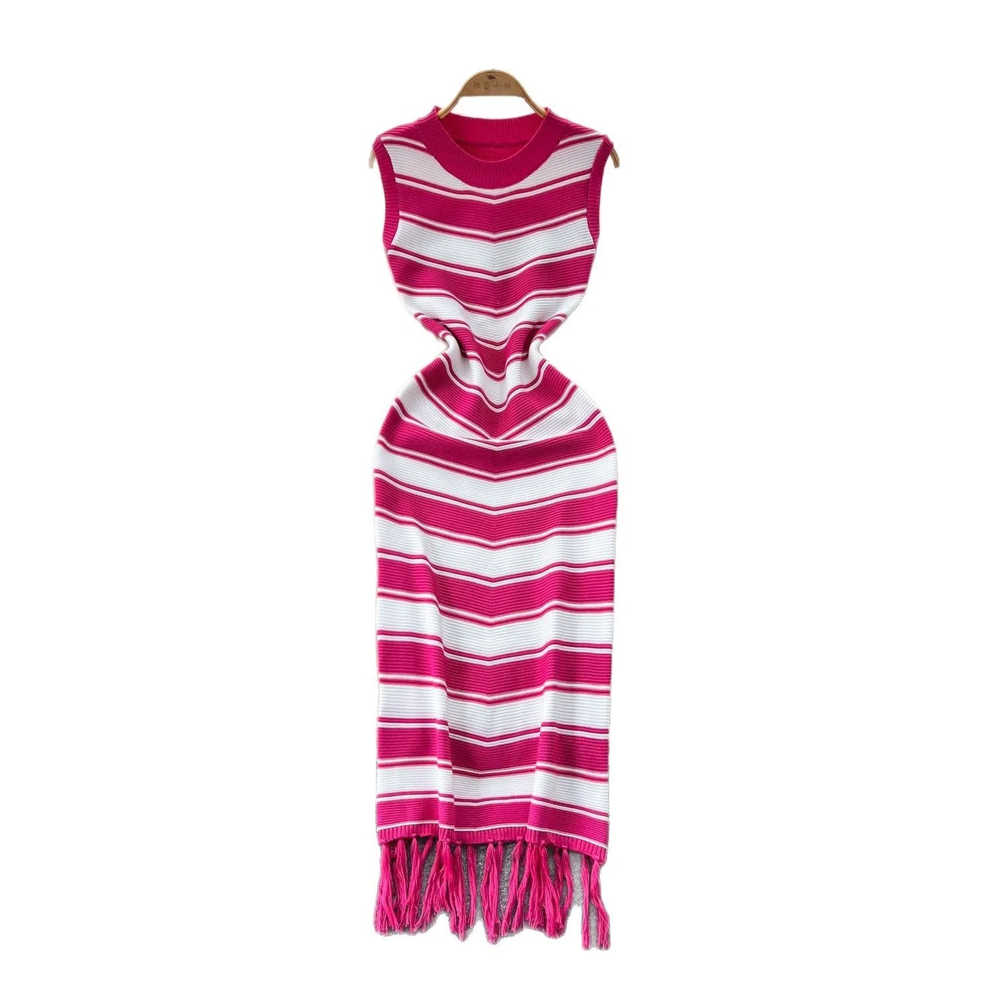 Cralom Ribbed Striped Tank Maxi Dress with Tassel Detail