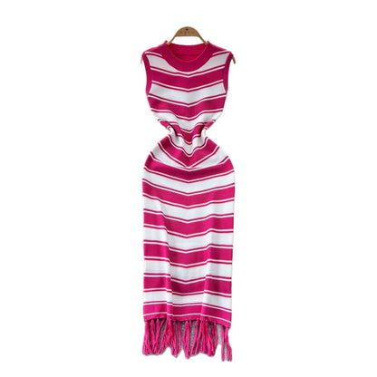 Cralom Ribbed Striped Tank Maxi Dress with Tassel Detail