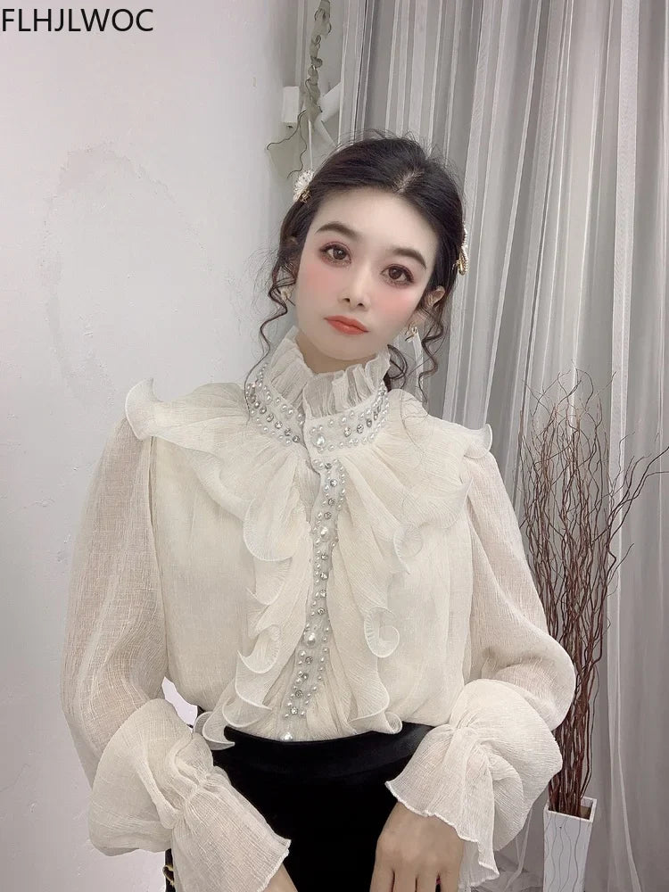 Cralom Flare Sleeve White Blouse with Bead Detail