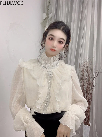 Cralom Flare Sleeve White Blouse with Bead Detail