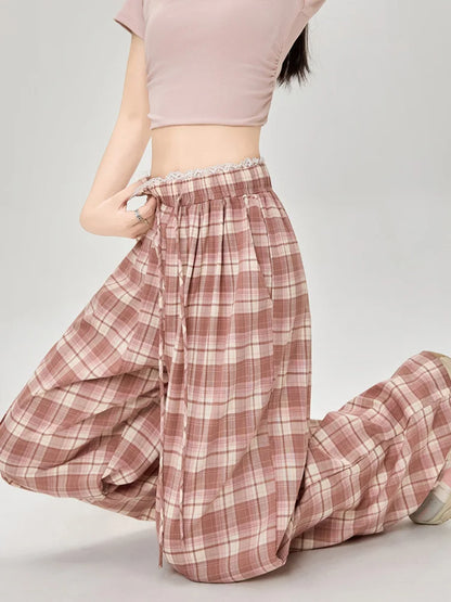 Cralom Plaid Lace Spliced Wide Leg Pants - Spring/Summer 2025 Collection