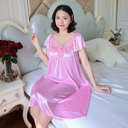 Cralom Women's Silk Nightgown: Medium Length Short Sleeve Nightdress Sleepwear Pyjama Loungewear