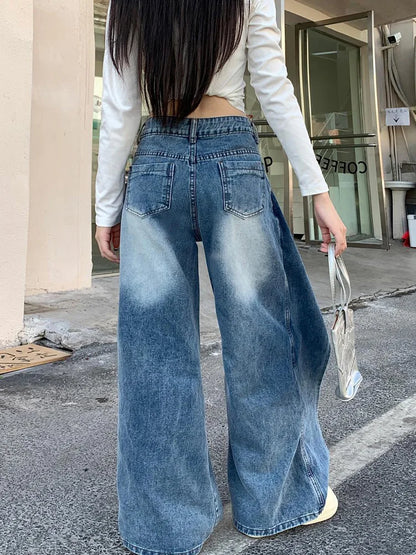 Cralom Vintage Blue Washed High Waist Straight Jeans for Women