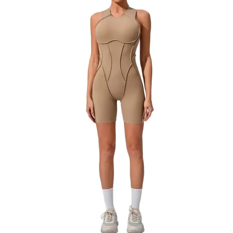 Cralom 3D Line Tight Yoga Jumpsuit Open Back Fitness Bodysuit Women