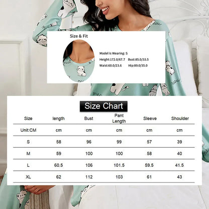 Cralom Green Cat Print Pajama Set - Long Sleeve Top & Pants Sleepwear