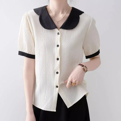 Cralom Retro Chic Peter Pan Collar Button Shirt Blouse for Women Summer 2025