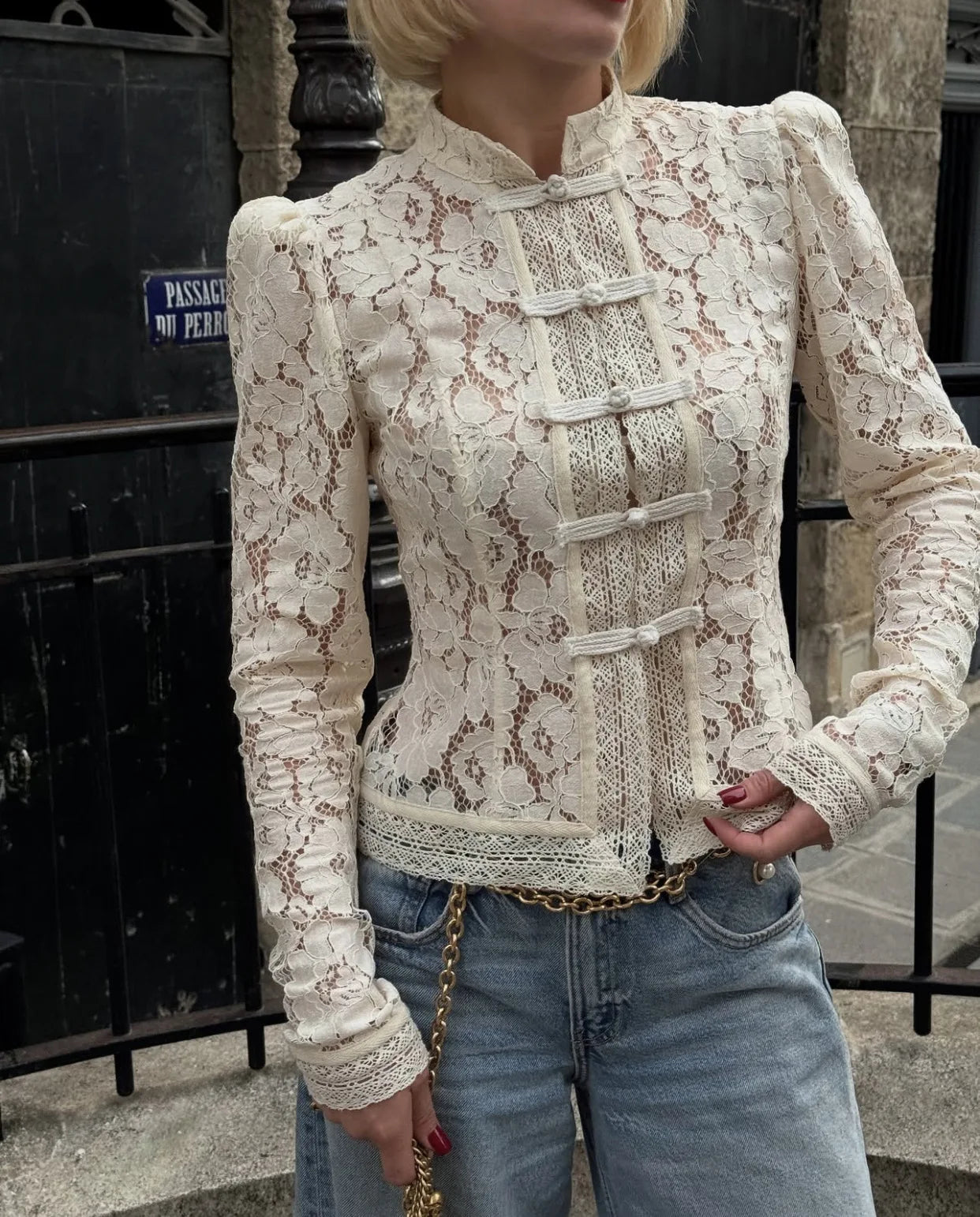 Cralom Lace Embroidery Blouse | See-Through Slim Fit Shirt | Vintage Y2K Top