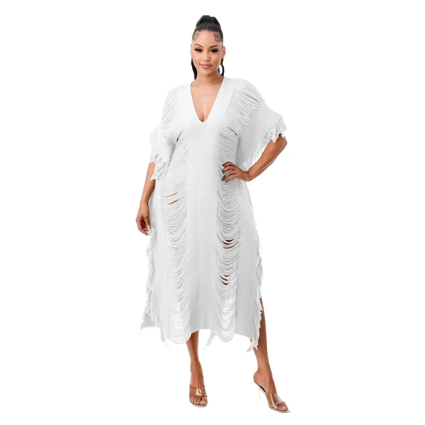 Cralom Women's Tassel Knit Midi Dress Beach Holiday Party Dress