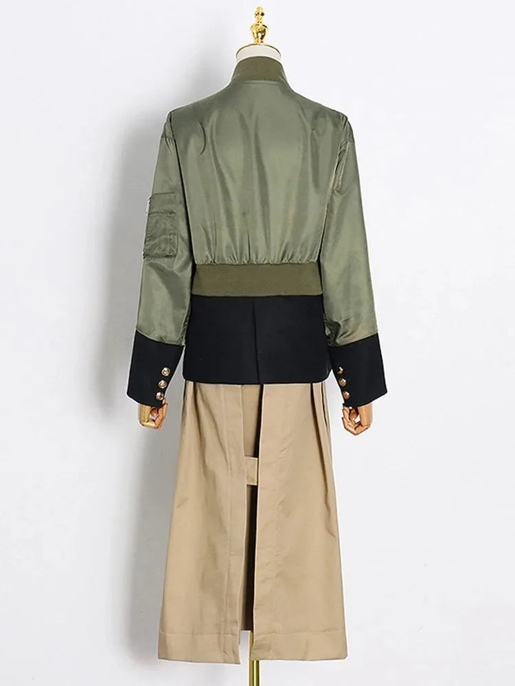 Cralom Colorblock Patchwork Button Coat | Streetwear Stand Collar Zipper Jacket