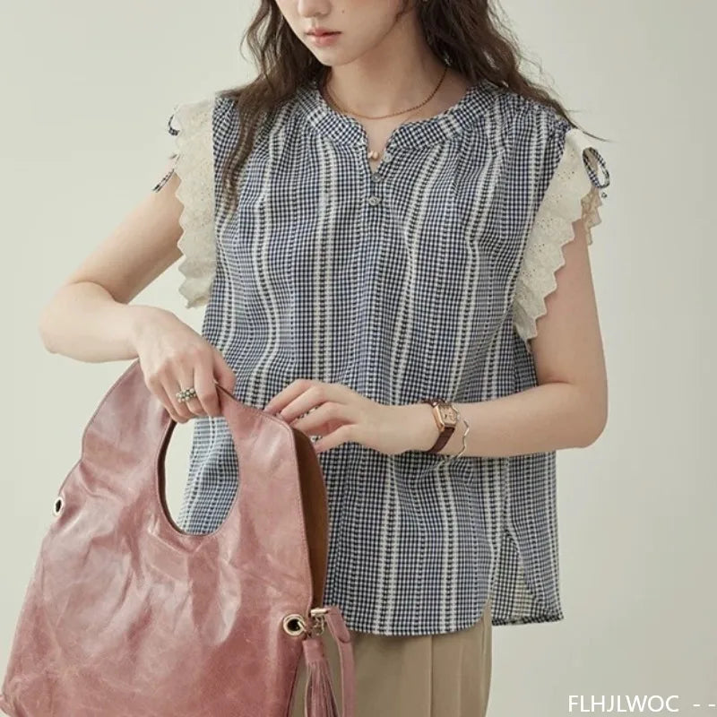 White Lace Sleeveless Plaid Shirt - Cralom Y2K Design Vintage Japan Style Top