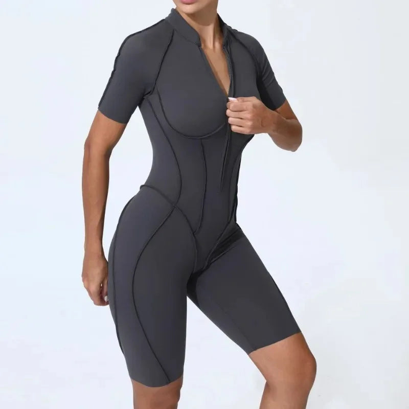 Cralom Seamless Yoga Jumpsuit Short Sleeve Fitness Bodysuit Zipper Activewear