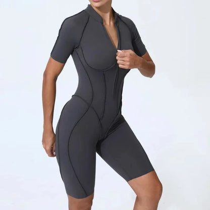 Cralom Seamless Yoga Jumpsuit Short Sleeve Fitness Bodysuit Zipper Activewear