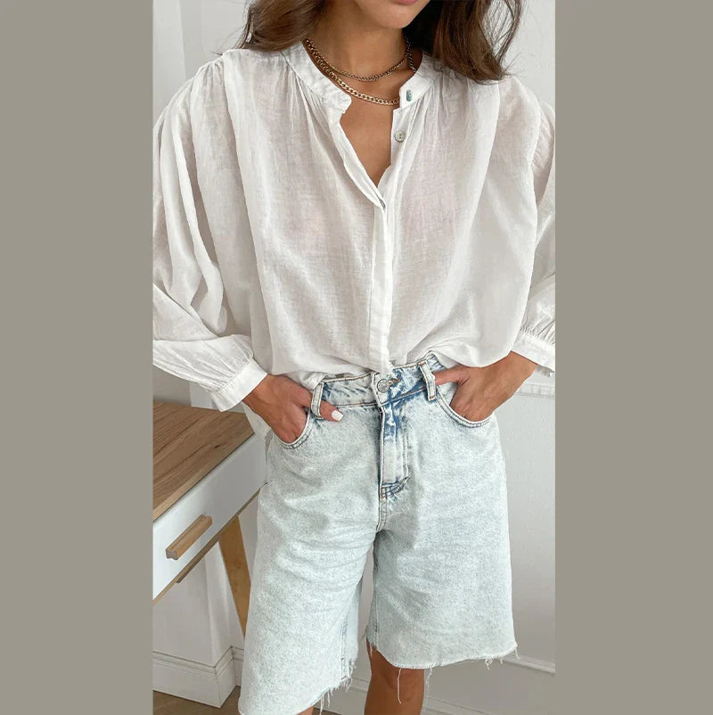 Cralom Solid Chiffon Shirt O Neck Long Sleeve Elegant Blouse