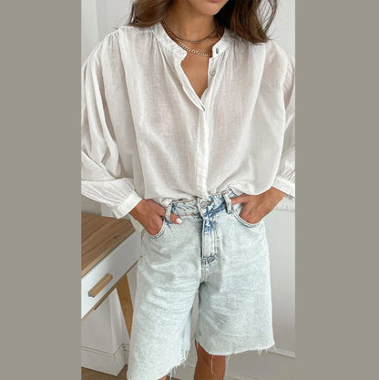 Cralom Solid Chiffon Shirt O Neck Long Sleeve Elegant Blouse