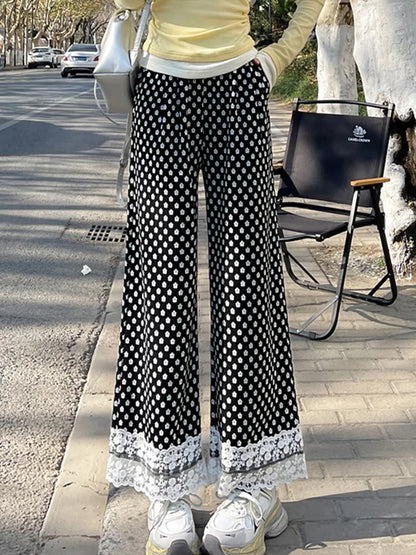 Cralom High Waist Lace Spliced Wide Leg Pants