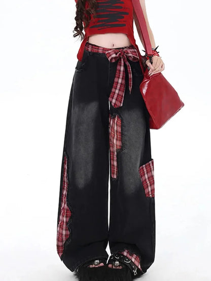 Cralom American Style Wide Leg Bow Jeans - High Waist Hottie Baggy Straight