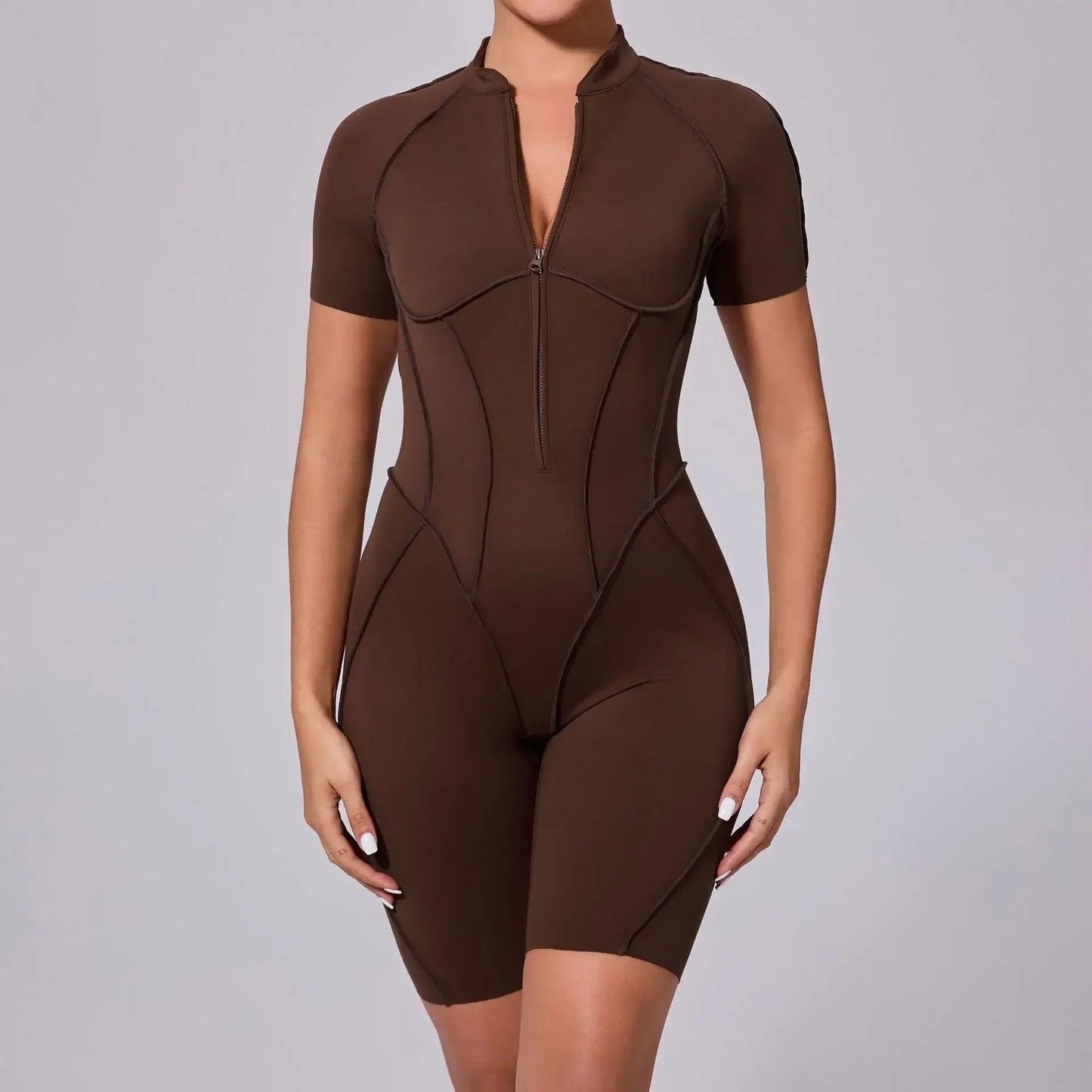 Cralom Zip Front Short Sleeve Jumpsuit - Summer Workout Activewear