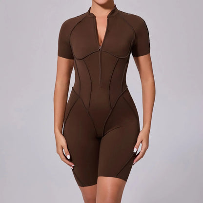 Cralom Zip Front Short Sleeve Jumpsuit - Summer Workout Activewear