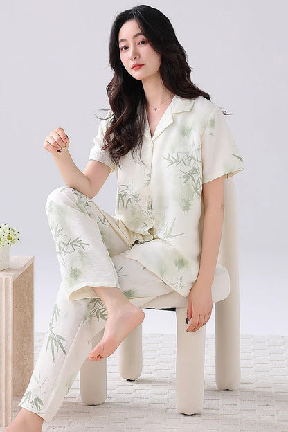 Cralom Floral Print Pajama Set: Short Sleeve Top with Built-in Bra and Breathable Pants