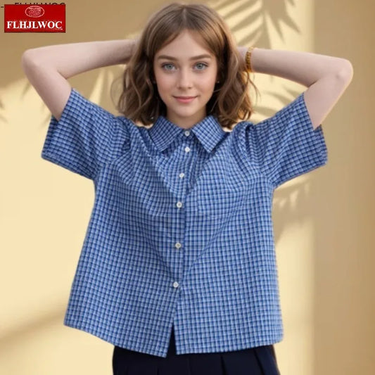 Cralom Blue Plaid Short Sleeve Button Top - Summer Preppy Style Girls Blouse