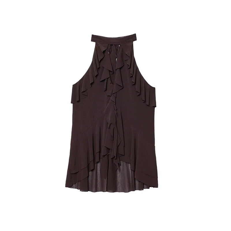 Cralom Ruffles Halter Vest Top Chiffon Hollow Out Slim Tank Tops Summer Blouses