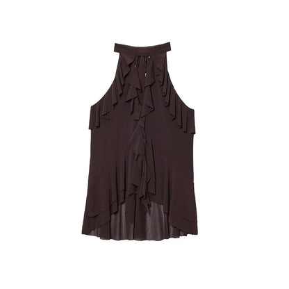 Cralom Ruffles Halter Vest Top Chiffon Hollow Out Slim Tank Tops Summer Blouses
