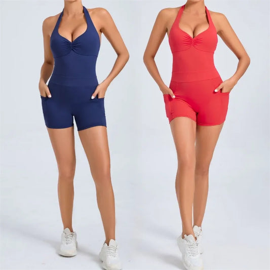 Cralom Backless Yoga Jumpsuit: Nude Fitness One-Piece with Pockets