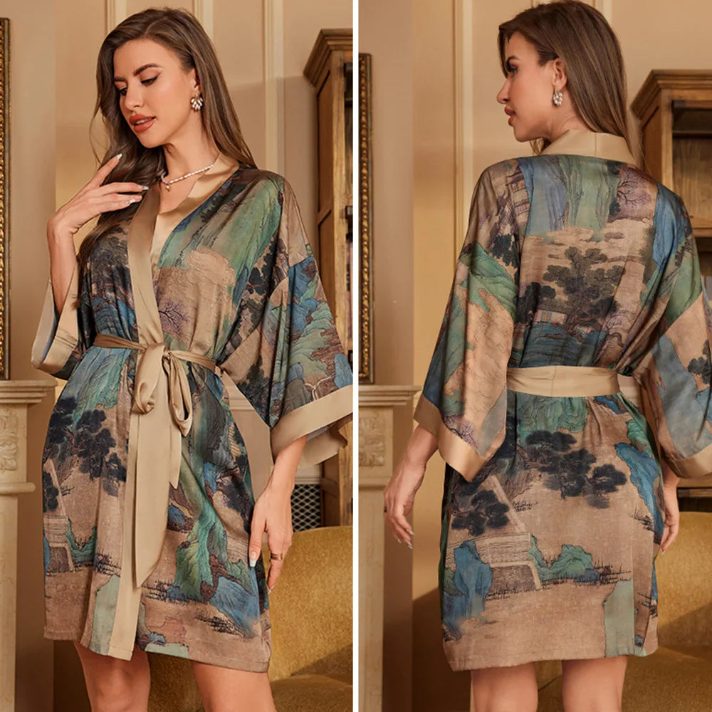 Cralom Seven-quarter Sleeves Silk Pajama Set for Women