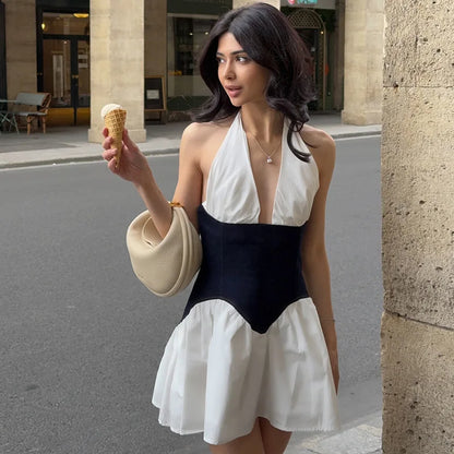 Cralom Black & White Color Block Sexy V-neck Waist Dress