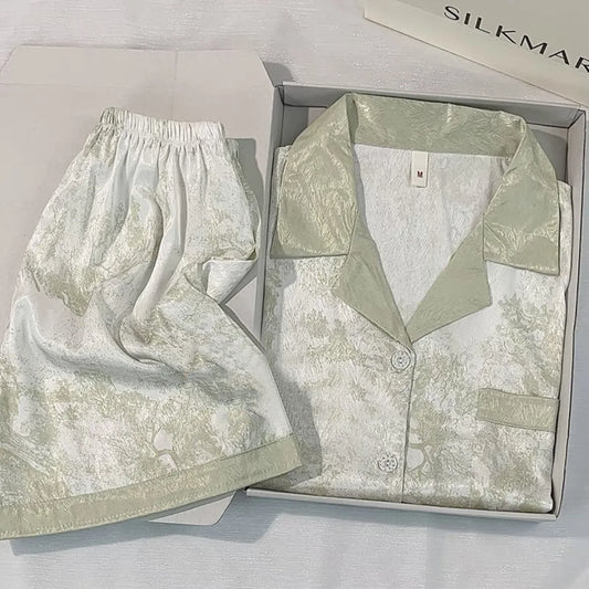 Cralom Women's Ice Silk Cardigan Pajama Set