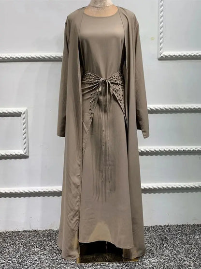 Ramadan Eid Open Abaya 3-Piece Set by Cralom: Elegant Muslim Prayer Dress & Kimono