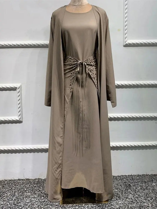 Ramadan Eid Open Abaya 3-Piece Set by Cralom: Elegant Muslim Prayer Dress & Kimono