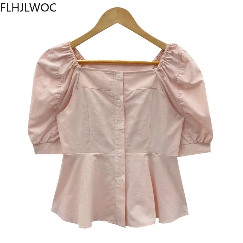 Cralom Sweet Square Neck Tops Blusas, Solid Colors, Single-Breasted Button White Shirts