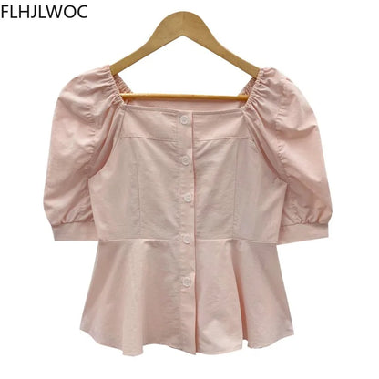 Cralom Sweet Square Neck Tops Blusas, Solid Colors, Single-Breasted Button White Shirts