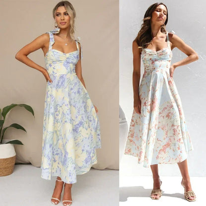 Floral Suspender Slimming Dress V-neck Waist Cinching Cralom Brand