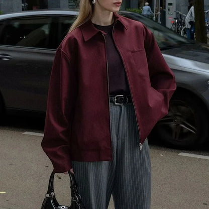Cralom Solid Spliced Lapel Jacket Loose Fit Minimalist Chic Coat
