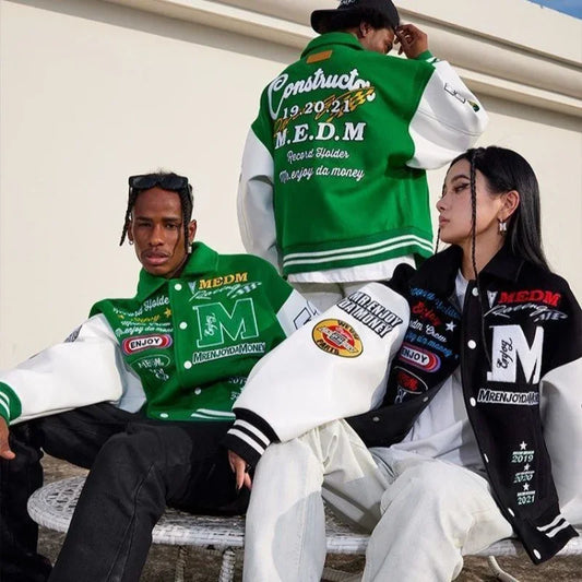 Cralom Retro Letter Embroidered Baseball Jacket Men Women Hip Hop Street Style